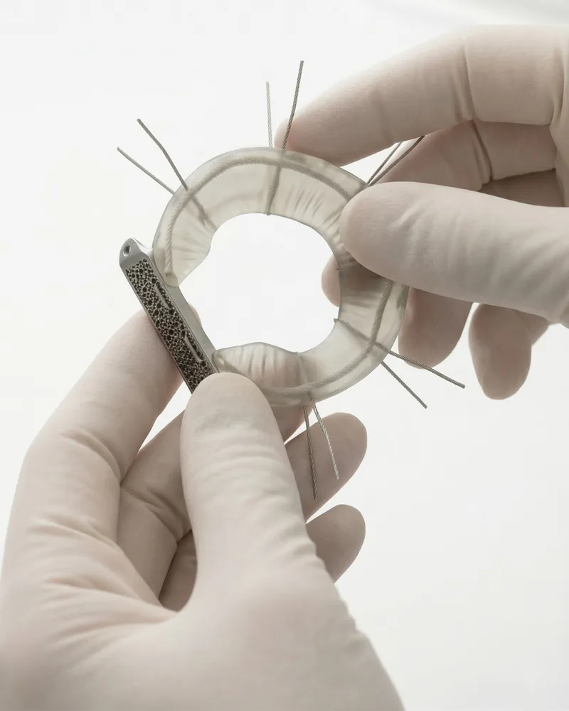 Gloved hands holding a LunaFlex implant, showing its scale relative to a human hand.