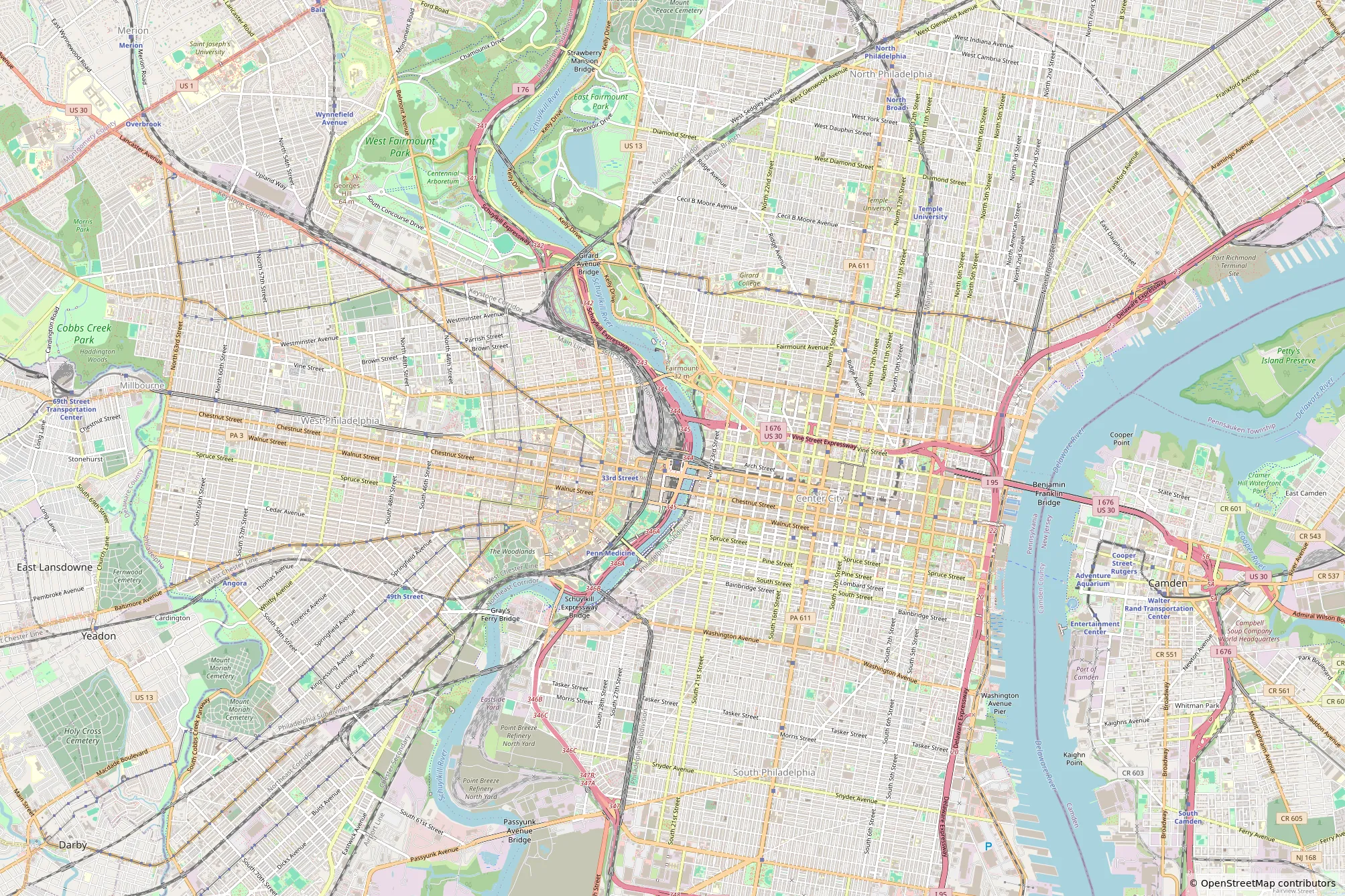 Map of central Philadelphia showing B+labs at Cira Centre near 30th Street Station, west of Center City.