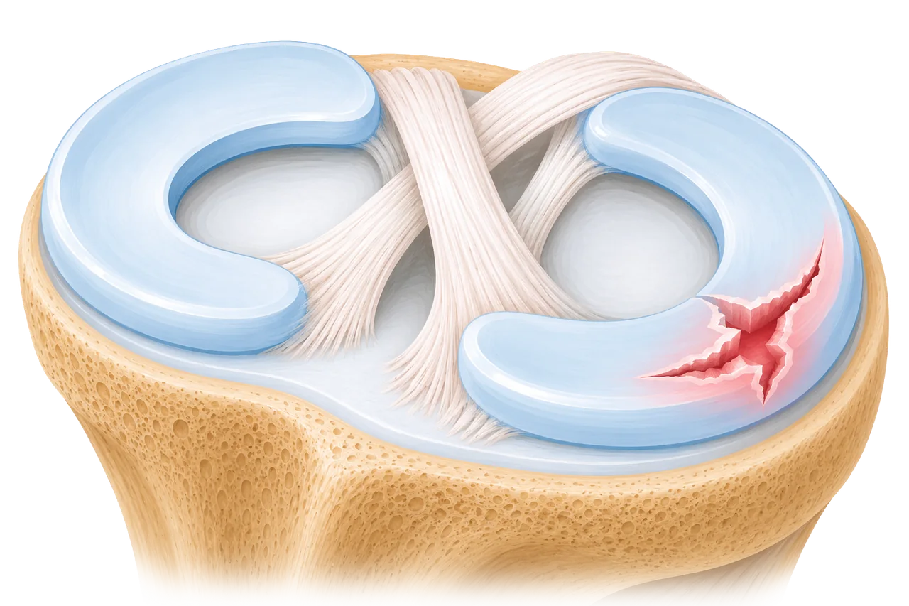 Illustration looking down into a knee, with a tear highlighted in one meniscus.