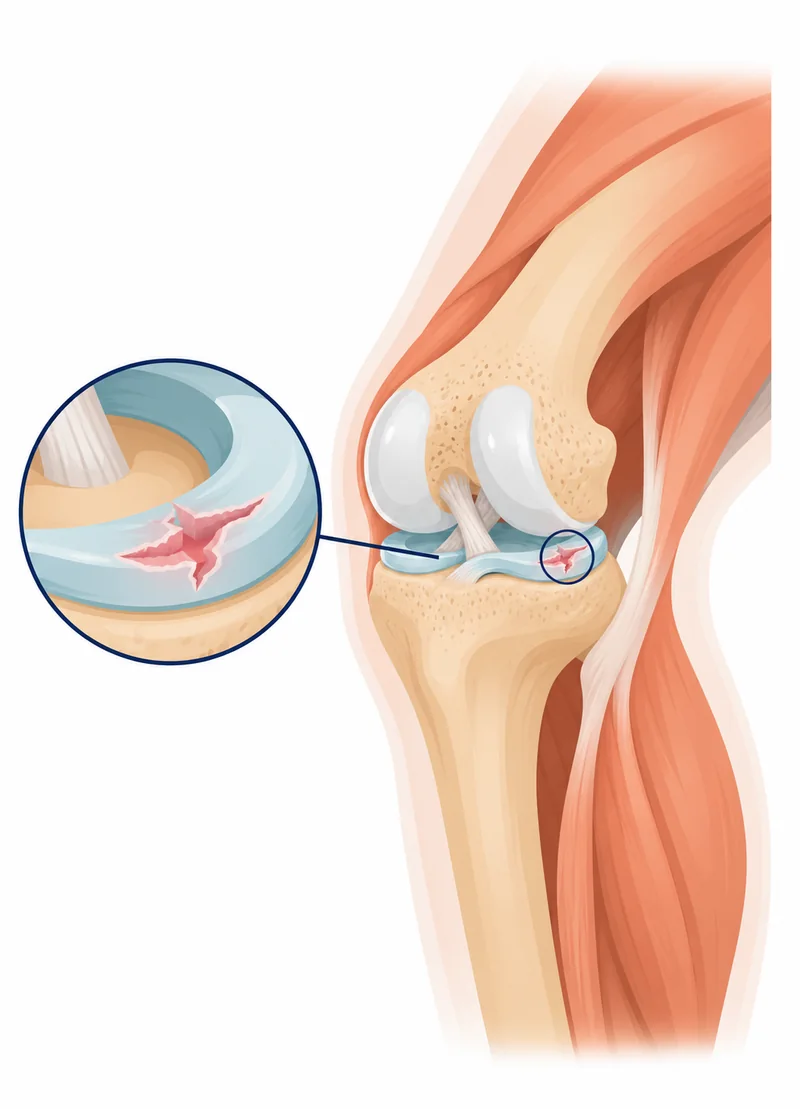 Illustration of a knee with a magnified view of a torn meniscus.