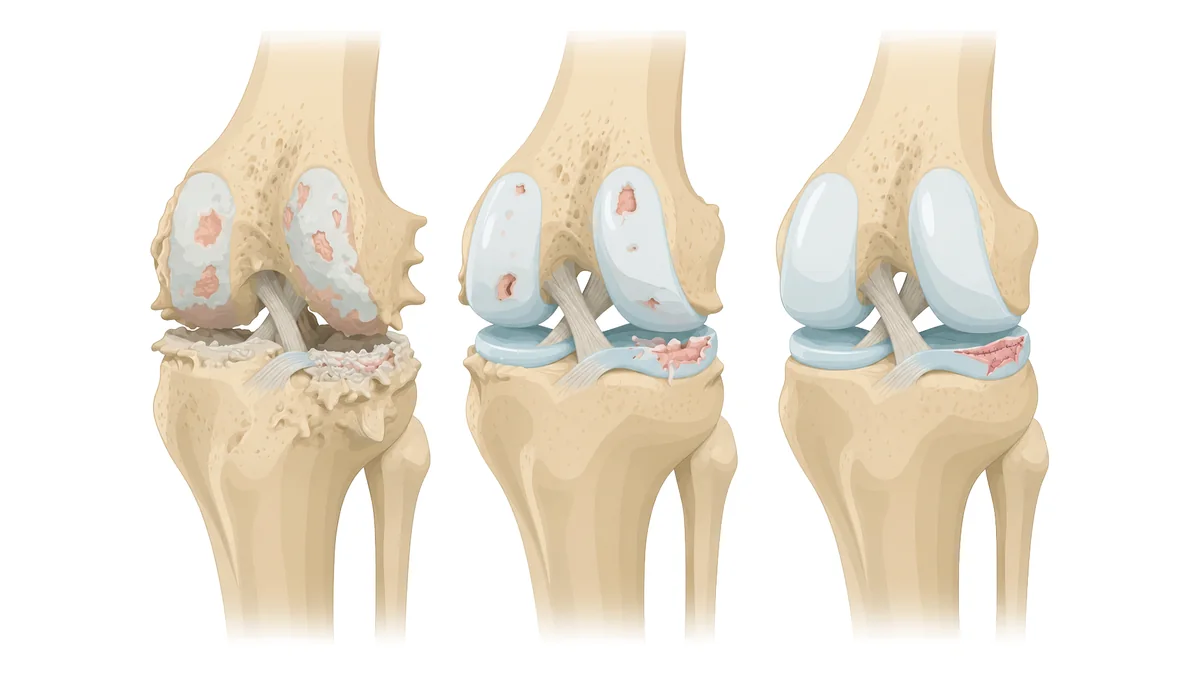 Three cross-sections of a knee joint side by side, showing progressive loss of cartilage and joint space from advanced osteoarthritis on the left to a healthy joint with an intact meniscus on the right.