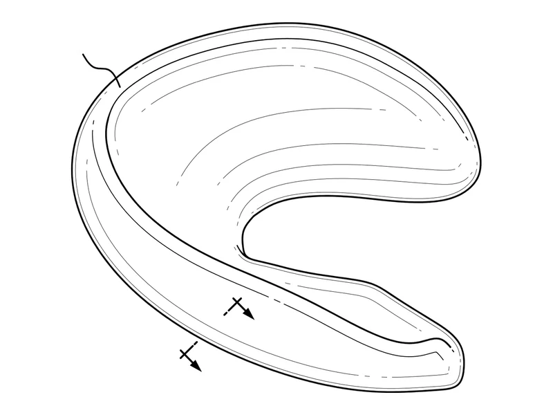 Patent-style line drawing of the meniscal implant seen from above and to the side, showing its C-shaped body and wedge profile.